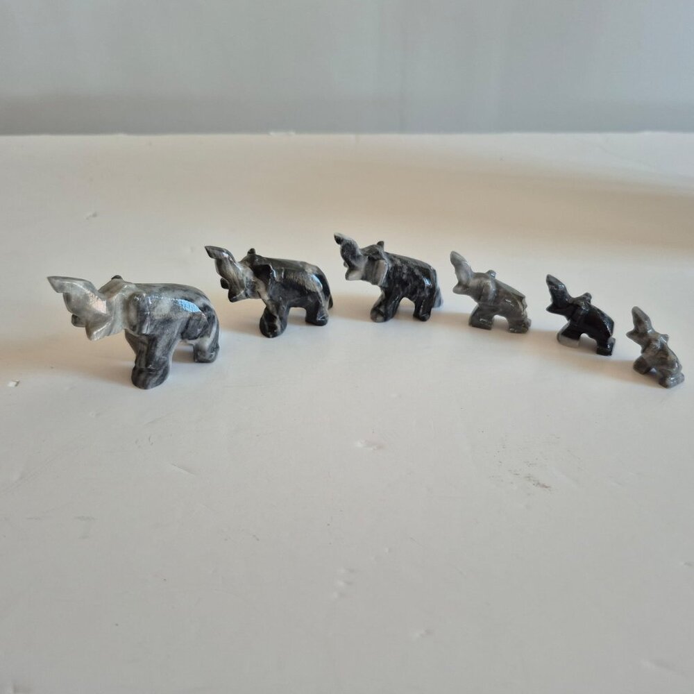 Family of 6 Grey Marble Elephant Figurines | Hand-Carved Natural Stone | Graduat